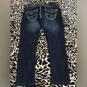 Red Rivet Dark Blue Straight Leg Jeans with White Contrast Stitching
